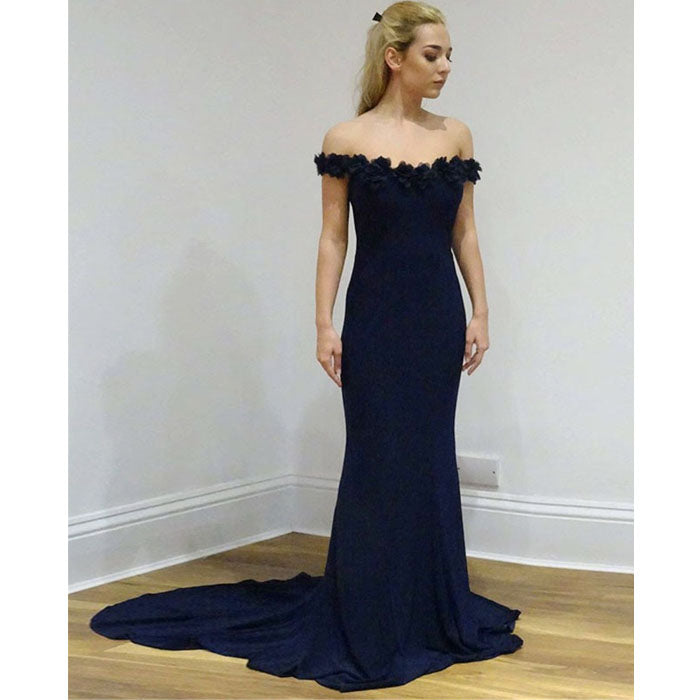 Navy Off the Shoulder Elegant Cheap Long Prom Bridesmaid Dresses, SG122