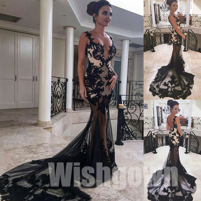 Black Seen Through Sexy Spaghetti Strap Lace Mermaid Long Prom Dresses, WG1073 - Wish Gown