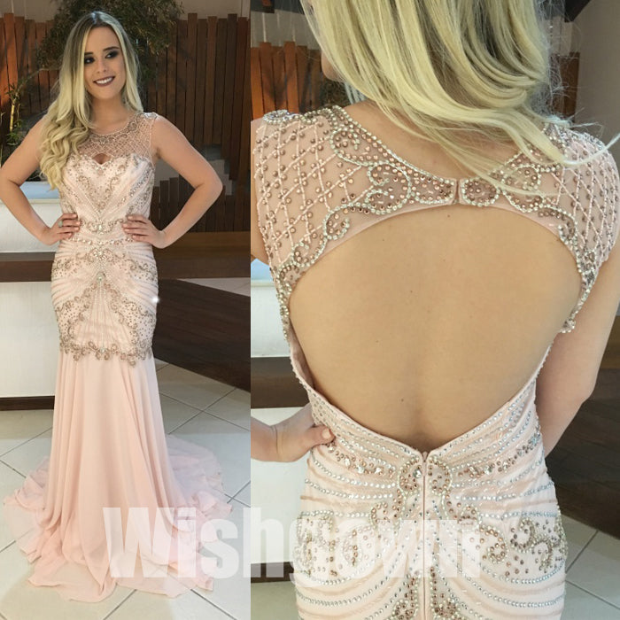Pink Mermaid Open Back Beaded Elegant Long Prom Dresses, WG1076