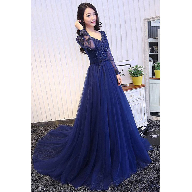 Royal Blue Long Sleeves Tulle Elegant Cheap Long Prom Dresses, WG1050