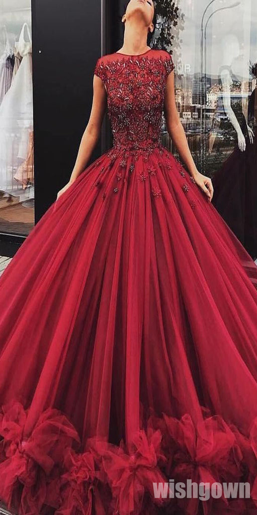 Gorgeous Cap Sleeves Beaded Top Tulle Long Ball Gown Prom Dresses, SG141