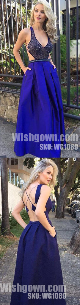 Open Back Sexy Royal Blue Beaded Unique Cheap Long Prom Dresses, WG1089