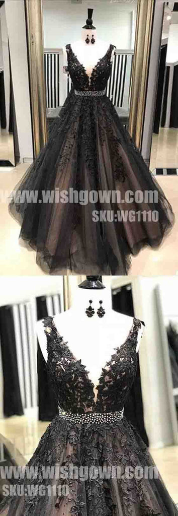 Most Popular Black Applique Formal Long Evening Prom Dresses, WG1110
