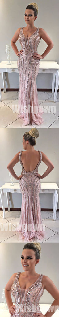 Pink Mermaid Open Back Beaded Inexpensive Evening Long Prom Dresses, WG1080