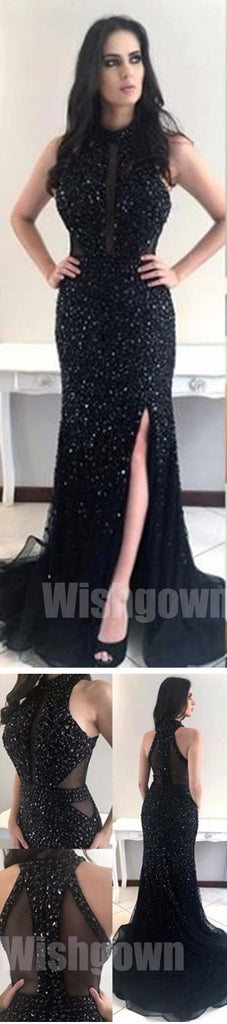 Black Sexy Mermaid Sparkle Heavy Beaded Side Split Long Prom Dresses, WG1075 - Wish Gown