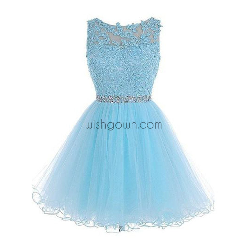 Sexy Open back Light Blue lace Tulle homecoming prom dresses, CM0020