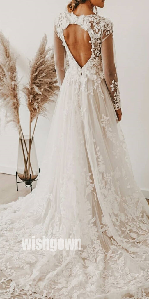 Elegant V-neck Long Sleeves  Applique Lace Long Wedding Dresses WDH005