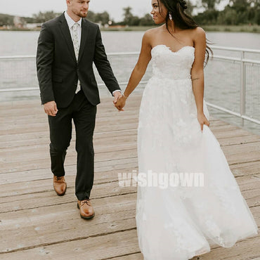 White Sweetheart Strapless Applique Tulle Long Wedding Dresses WDH007