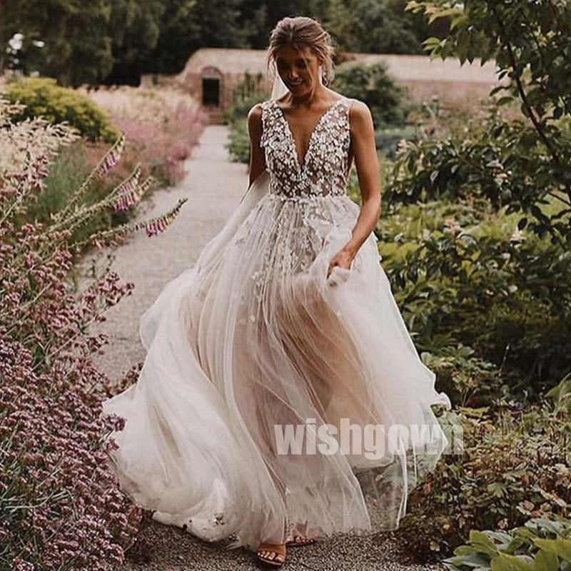 Elegant V-neck Flower prints Dream Bridal Dresses WDH023