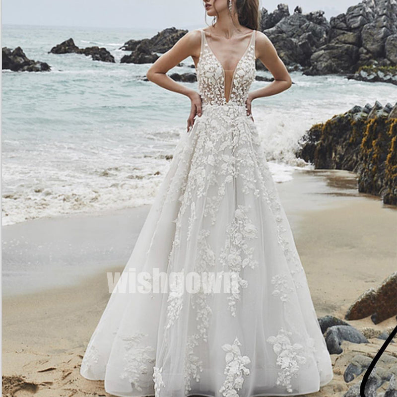 Elegant V-neck Floral Prints Applique Lace Bridal Dresses WDH027