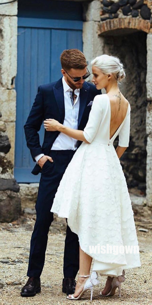 Elegant V-back Applique High-low Wedding Dress WDH049