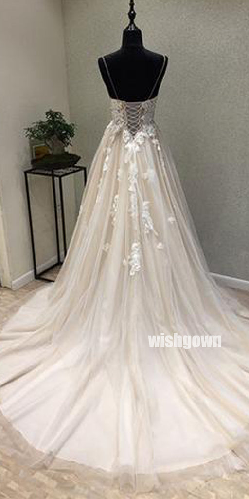 Elegant Applique Spaghetti Straps Tulle Wedding Dress, WDH065