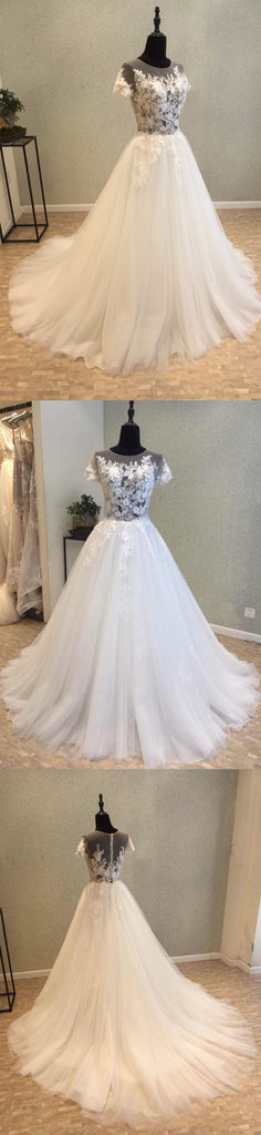 Short Sleeves Tulle Applique Charming Long Bridal Wedding Dress, WG681