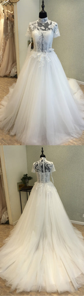 Short Sleeves High Neck Charming Long Wedding Dresses, WG1233
