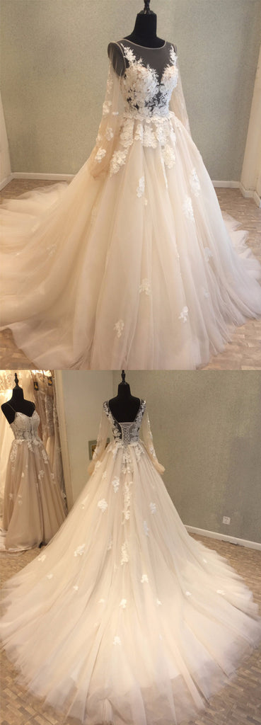 Long Sleeves Applique Tulle Lace Up Back Long Cheap Wedding Dress, WG687