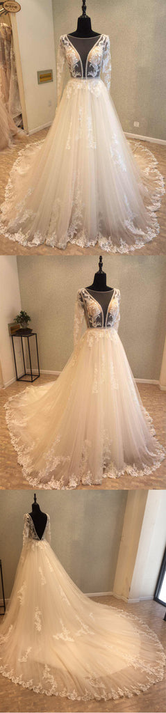Beautiful Long Sleeves V Back Tulle Applique Affordable Long Wedding Dress, WG1204 - Wish Gown