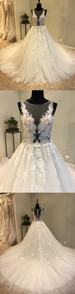 Beautiful Unique Sexy Tulle Applique Gorgeous Bridal Long Wedding Dress, WG1202 - Wish Gown