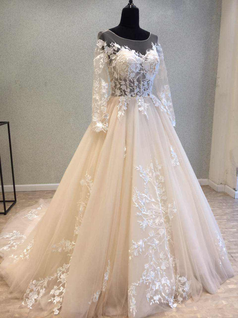 Long Sleeves Tulle Applique Charming Long V Back Bridal Wedding Dress, WG679