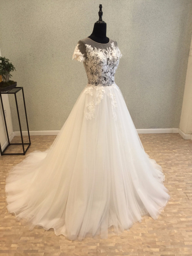 Short Sleeves Tulle Applique Charming Long Bridal Wedding Dress, WG681