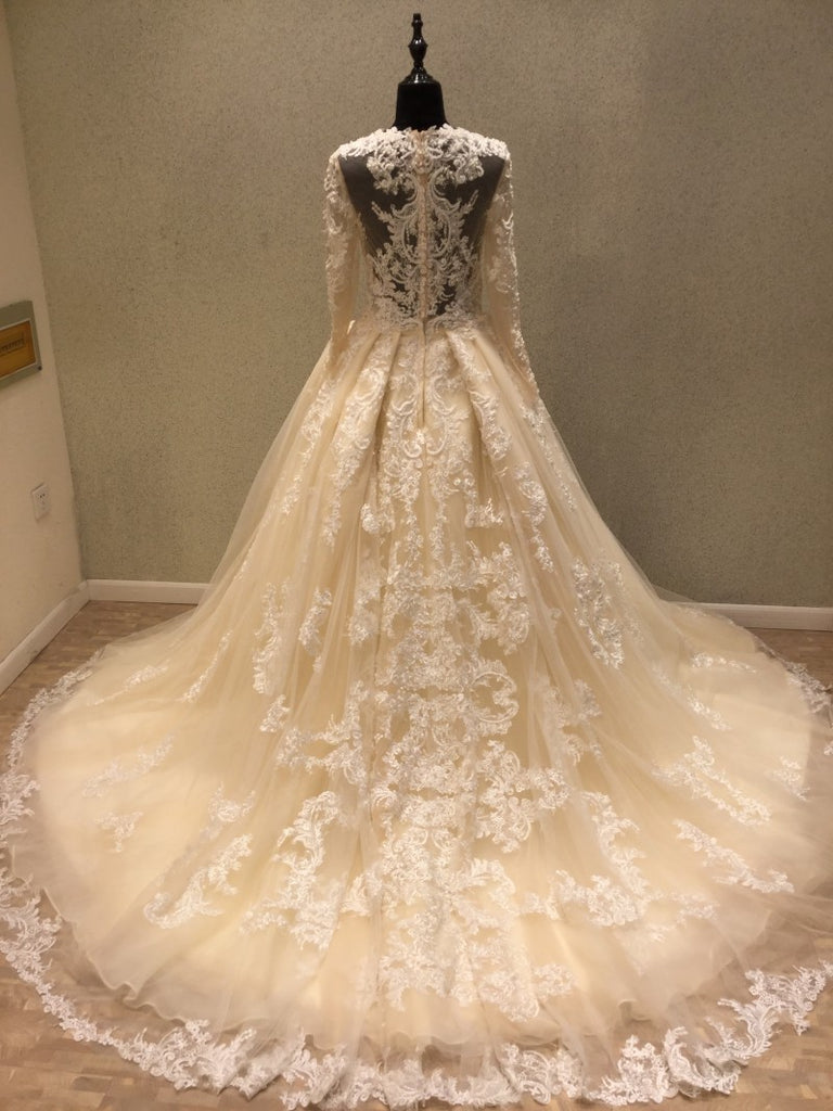 Luxury Long Sleeves Tulle Applique Charming Long V Neck Bridal Wedding Dress, WG680