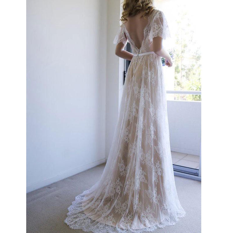 Short Sleeves Lace V Neck A Line Formal Bridal Long Wedding Dresses, STZ311