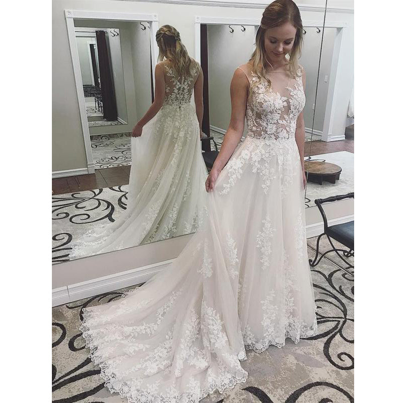 Charming Long A-line Applique Lace Tulle Wedding Dresses, WD0171 - Wish Gown