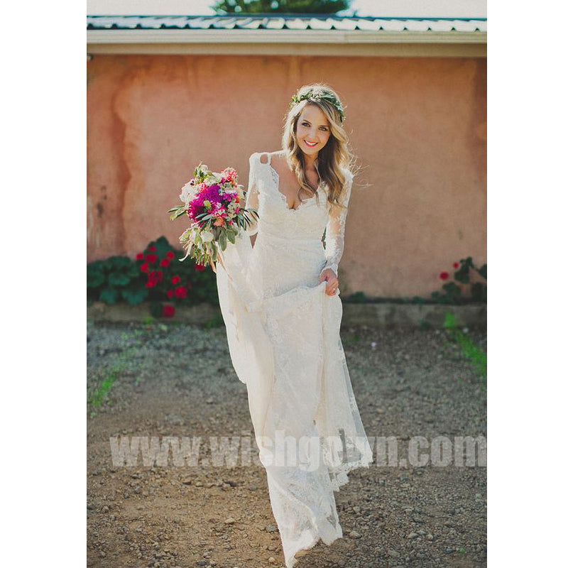 Long Sleeves Cheap Formal Beach Lace Bridal Long Wedding Dresses, BW1510