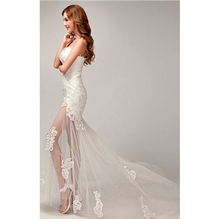 Chic Design One Shoulder Lace Top See Through Sexy Mermaid Lace Up Wedding Dresses, WD0143 - Wish Gown