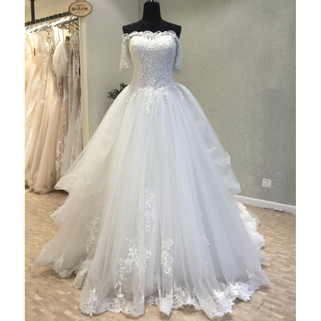 Off the Shoulder Charming Applique Tulle Long Wedding Dresses, WG1229
