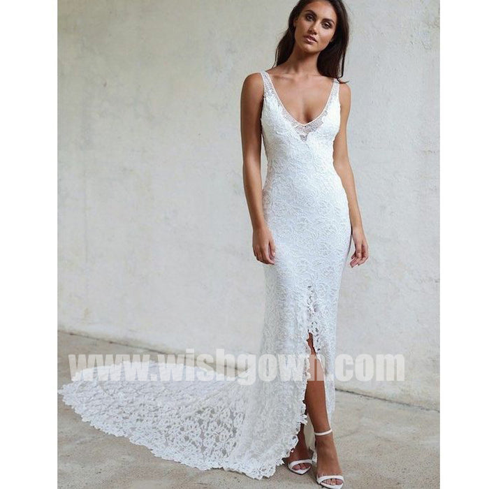 Open Back Mermaid Lace Split Elegant Inexpensive Long Wedding Dresses, BW158
