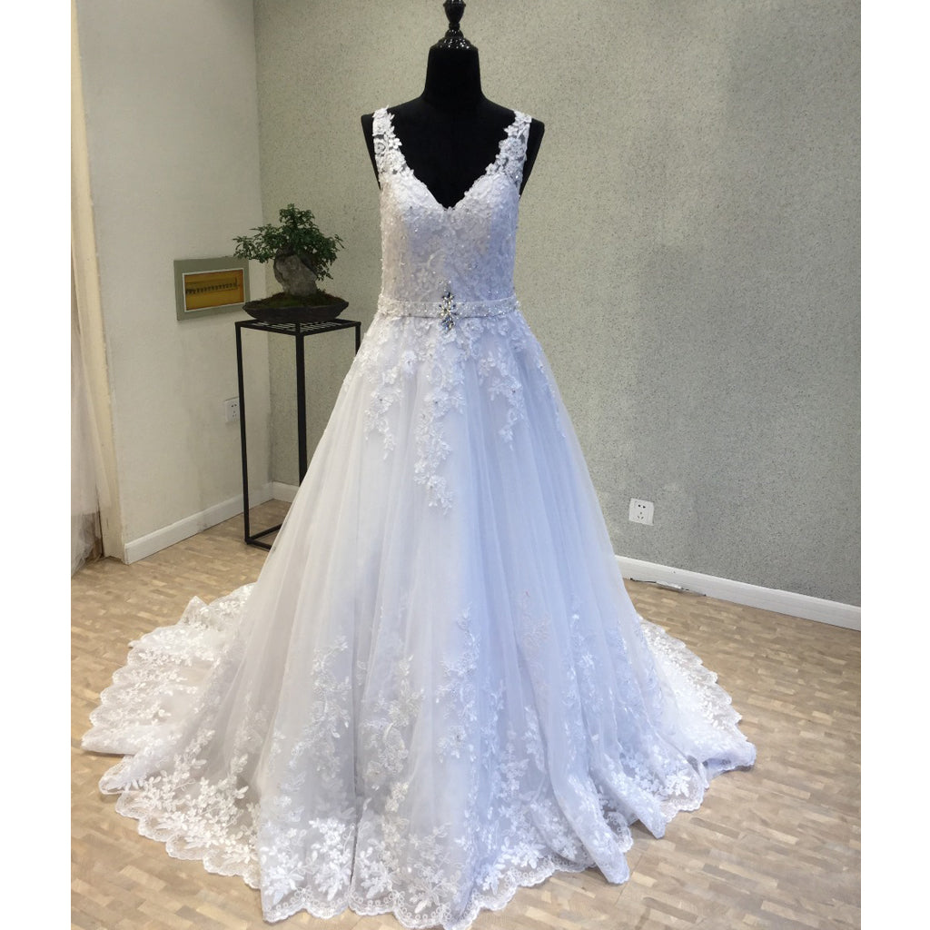 Tulle Lace V Neck Formal A Line Long Bridal Wedding Dress, WG1215