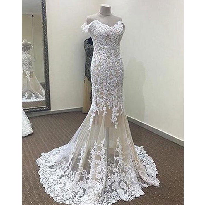 Off the Shoulder Lace Mermaid Elegant Affordable Long Wedding Dress, WG265
