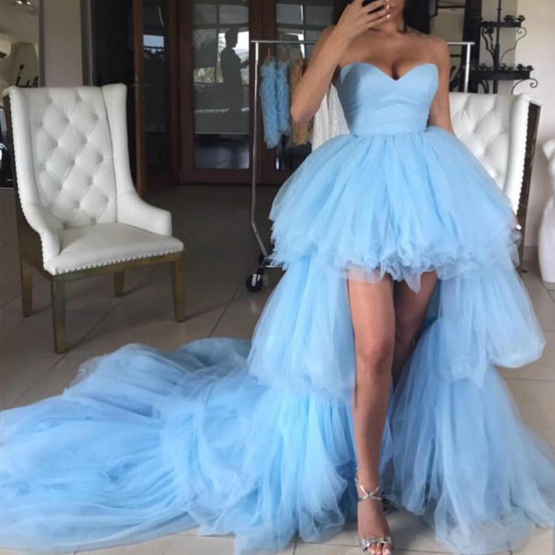 Sweetheart Blue Tulle High Low Prom Wedding Dresses with Long Train, STZ319