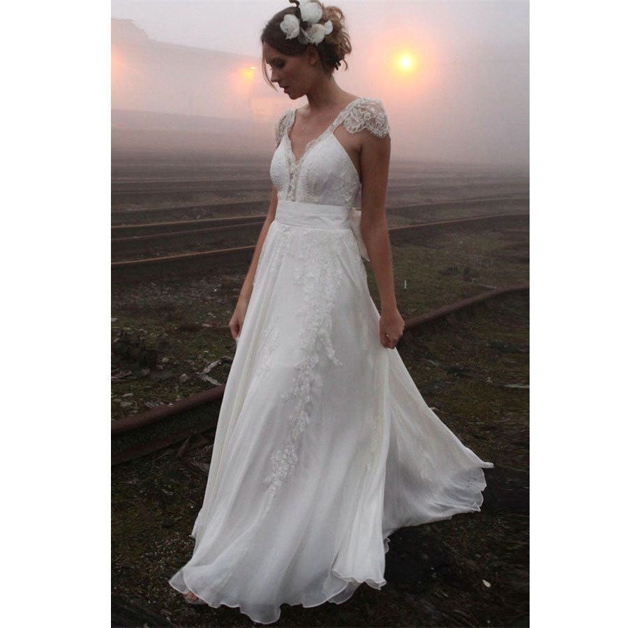 Cap Sleeve Lace Charming Open Back Formal Long Cheap Wedding Dresses, WD0157 - Wish Gown