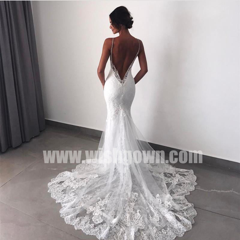 Open Back Spaghetti Strap Mermaid Lace Long Wedding Dresses, BW1513