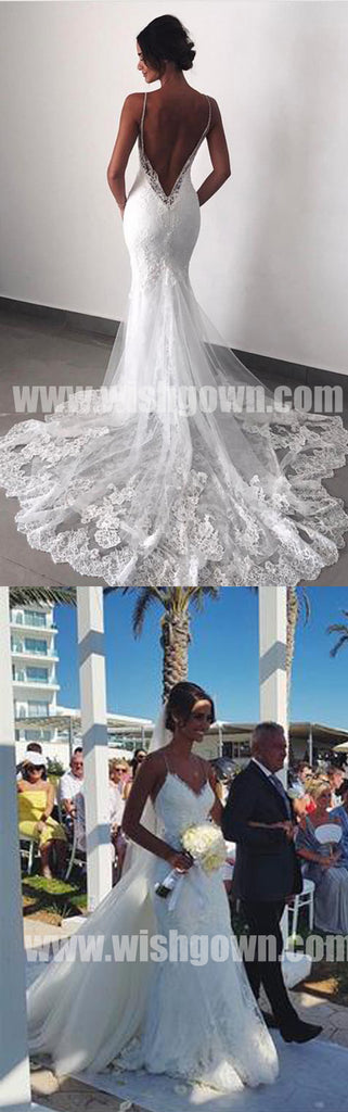 Open Back Spaghetti Strap Mermaid Lace Long Wedding Dresses, BW1513