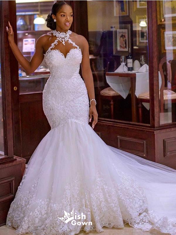 Sexy Ivory Tulle Mermaid Halter Maxi Long Lace Bridal Wedding Dresses, WGB007
