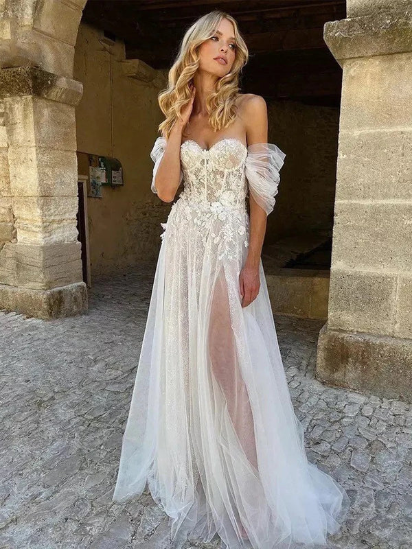 Elegant Tulle A-Line Off Shoulder High Slit Lace Bridal Long Wedding D Wish Gown Elegant Tulle A-Line Off Shoulder High Slit Lace Bridal Long Wedding D Wish Gown