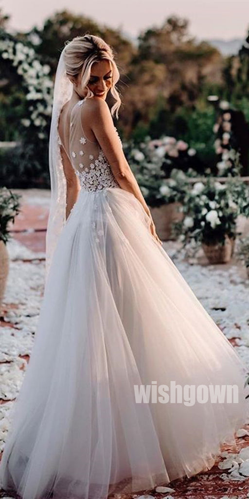 Lace Popular V-neck Long Cheap Online Bridal Wedding Dress, YH1125